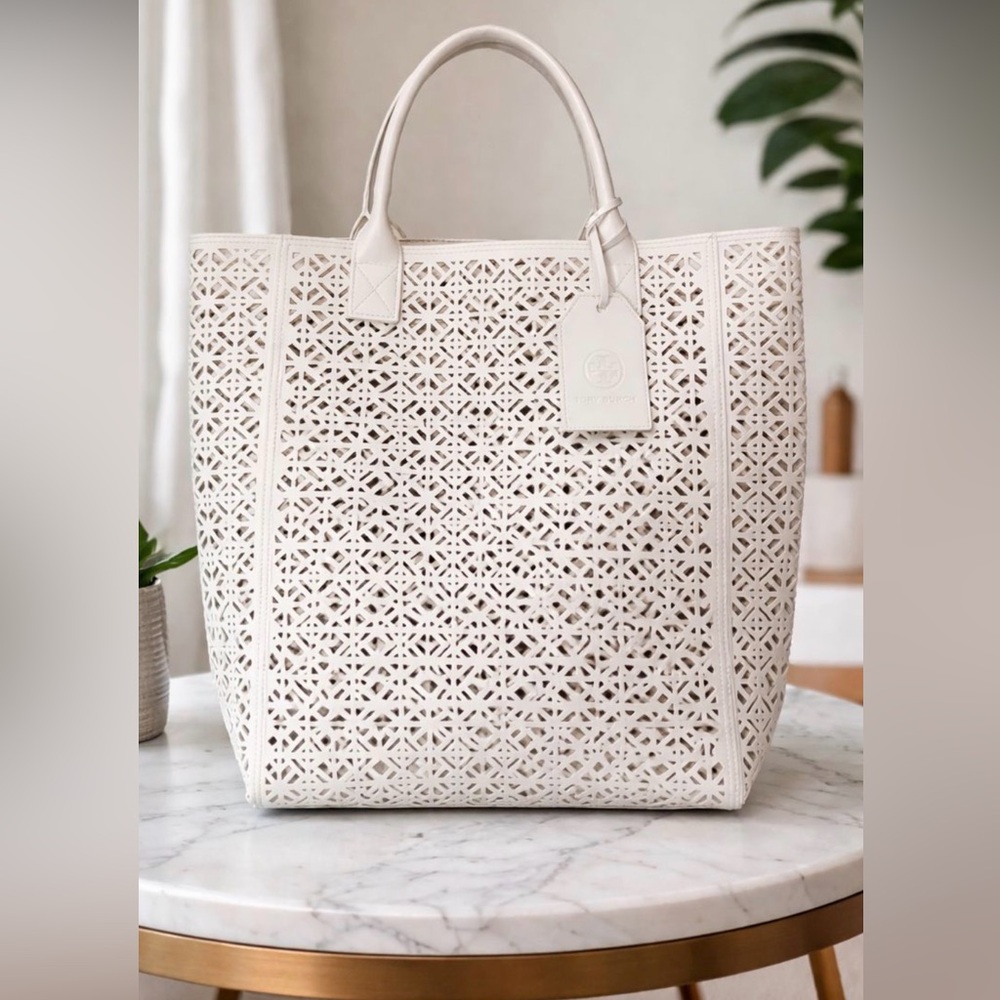 Tory Burch White Laser-Cut Tote Bag